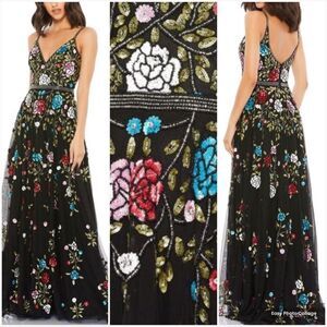 Mac Duggal 5400 Womens Black Embellished Floral Sequin Gown Dress
